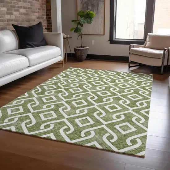 Olive Green And Ivory Geometric Washable Indoor Outdoor Area Rug Photo 8