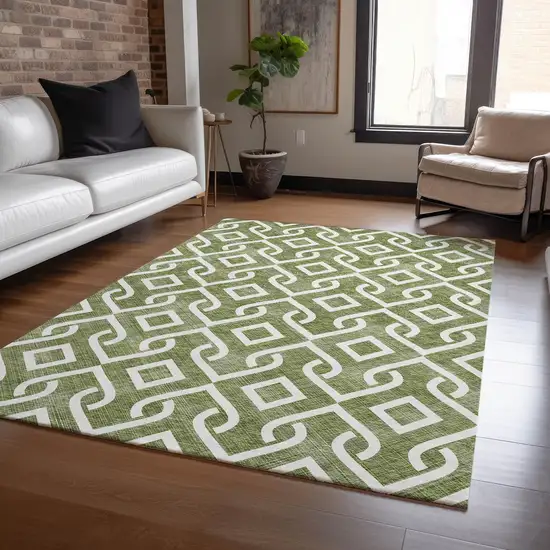 Olive Green And Ivory Geometric Washable Indoor Outdoor Area Rug Photo 8
