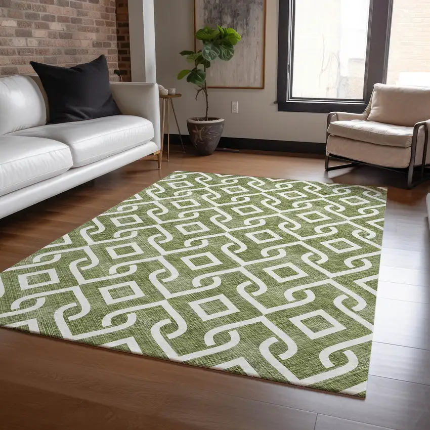 Olive Green And Ivory Geometric Washable Indoor Outdoor Area Rug Photo 8