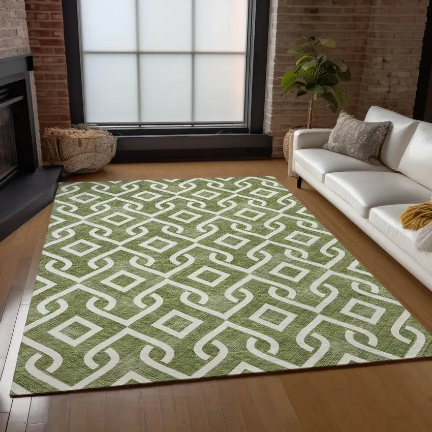Olive Green And Ivory Geometric Washable Indoor Outdoor Area Rug Photo 9