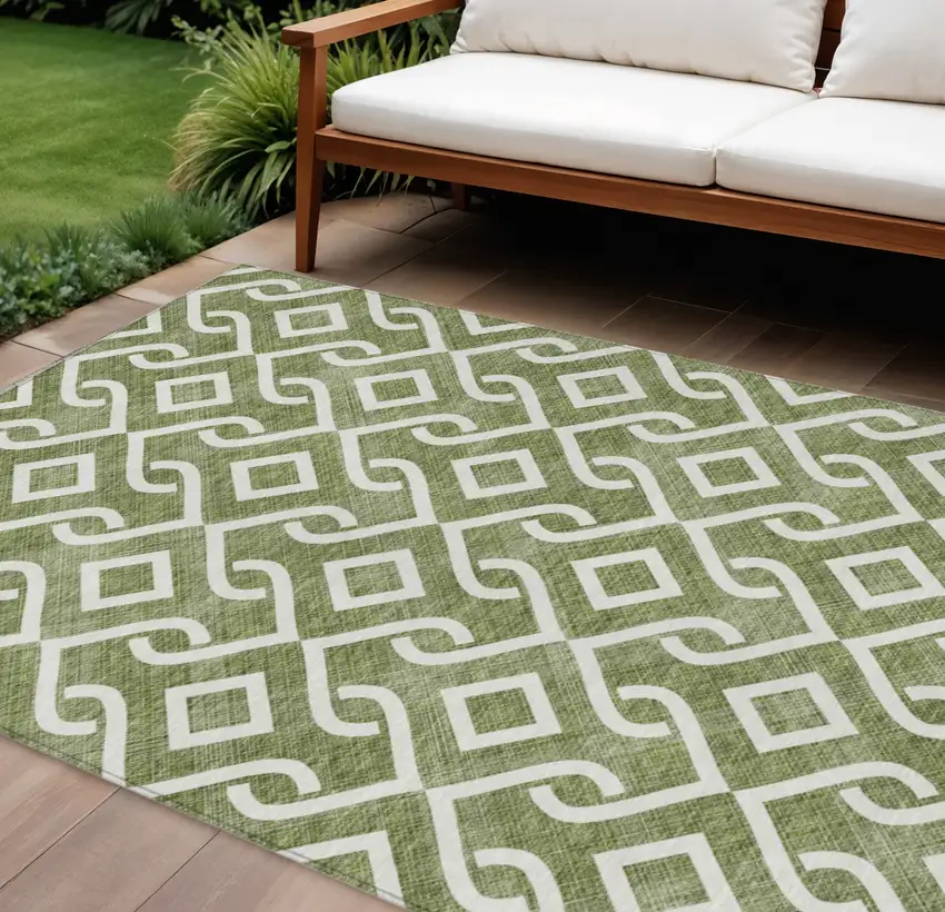 Olive Green And Ivory Geometric Washable Indoor Outdoor Area Rug Photo 1