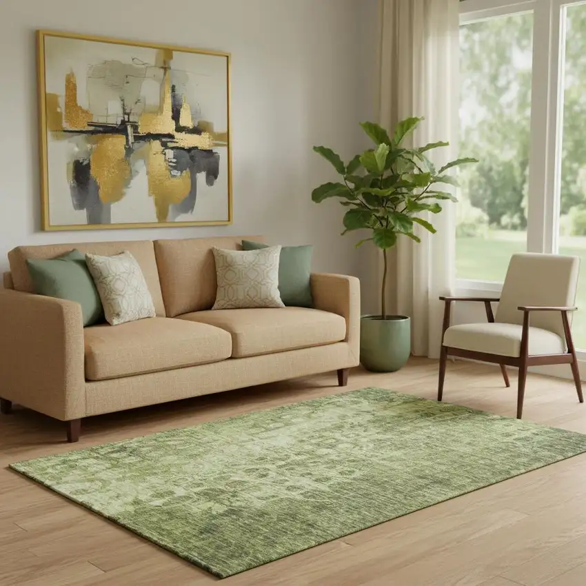 Olive Green And Ivory Ikat Washable Area Rug With UV Protection Photo 1