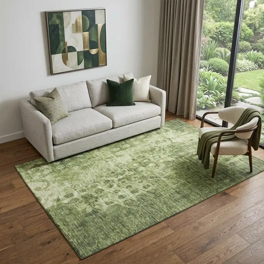 Olive Green And Ivory Ikat Washable Area Rug With UV Protection Photo 1