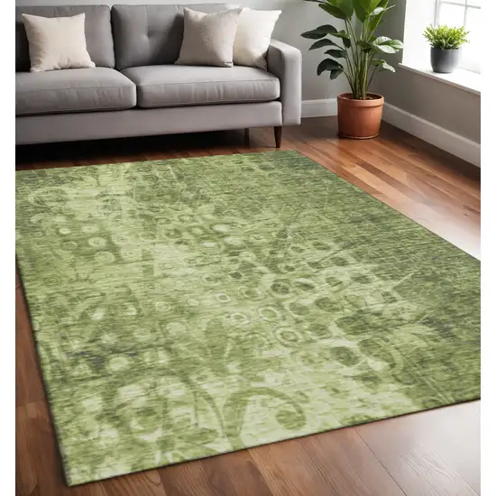 Olive Green And Ivory Ikat Washable Area Rug With UV Protection Photo 2