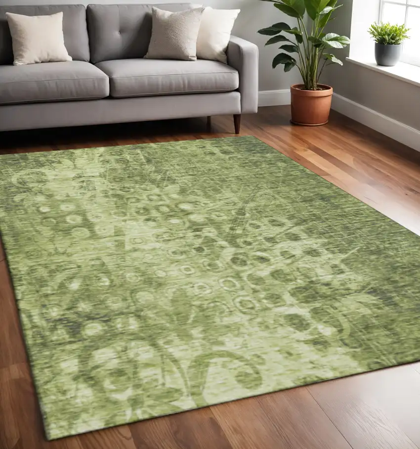 Olive Green And Ivory Ikat Washable Area Rug With UV Protection Photo 2