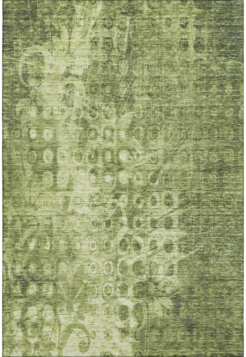 Olive Green And Ivory Ikat Washable Area Rug With UV Protection Photo 1