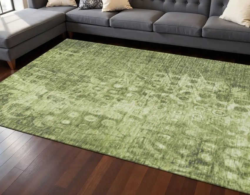 Olive Green And Ivory Ikat Washable Area Rug With UV Protection Photo 2
