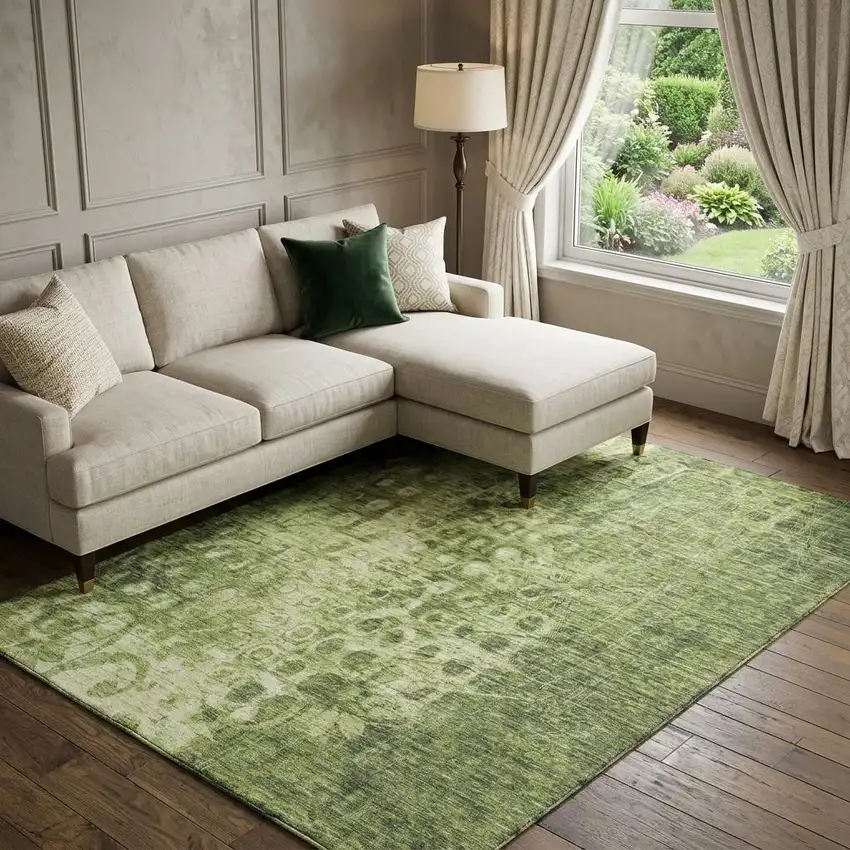 Olive Green And Ivory Ikat Washable Area Rug With UV Protection Photo 1
