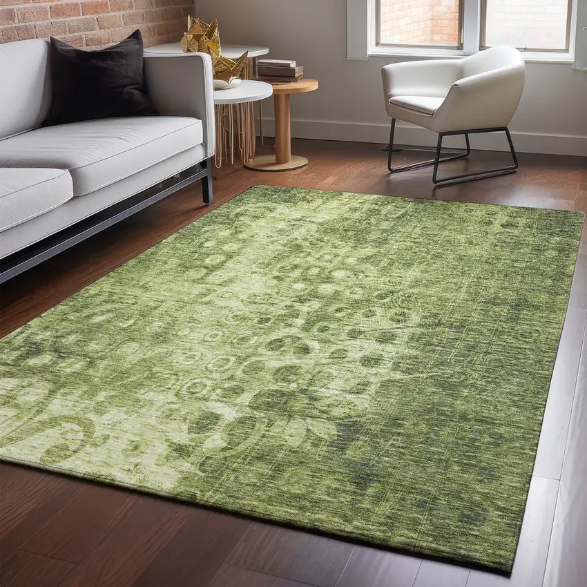 Olive Green And Ivory Ikat Washable Area Rug With UV Protection Photo 3