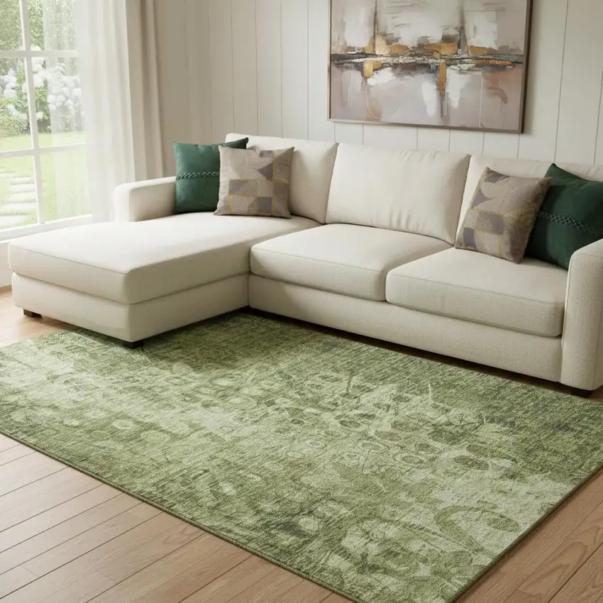 Olive Green And Ivory Ikat Washable Area Rug With UV Protection Photo 1