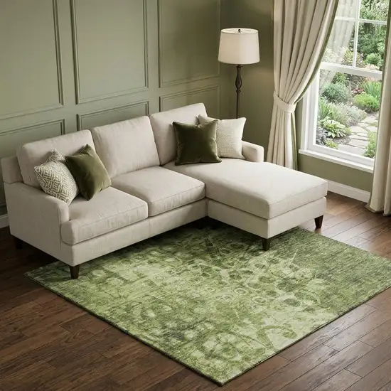 Olive Green And Ivory Ikat Washable Area Rug With UV Protection Photo 1