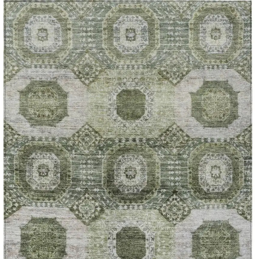 Olive Green And Ivory Medallion Washable Indoor Outdoor Area Rug Photo 4