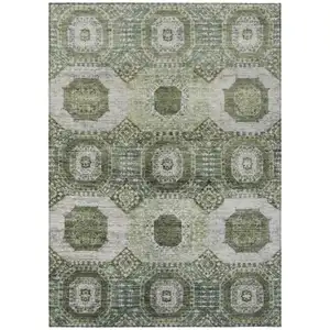 Photo of Olive Green And Ivory Medallion Washable Indoor Outdoor Area Rug