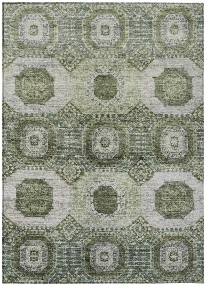 Olive Green And Ivory Medallion Washable Indoor Outdoor Area Rug Photo 1
