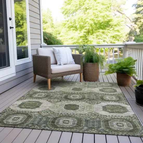 Olive Green And Ivory Medallion Washable Indoor Outdoor Area Rug Photo 8