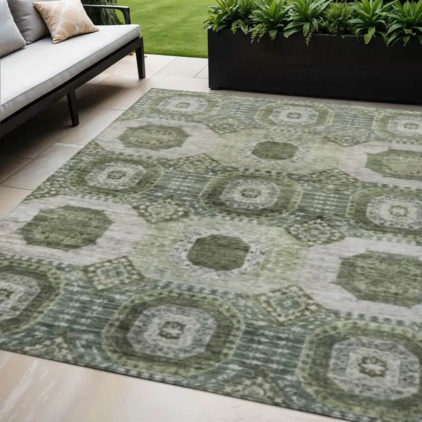 Olive Green And Ivory Medallion Washable Indoor Outdoor Area Rug Photo 2