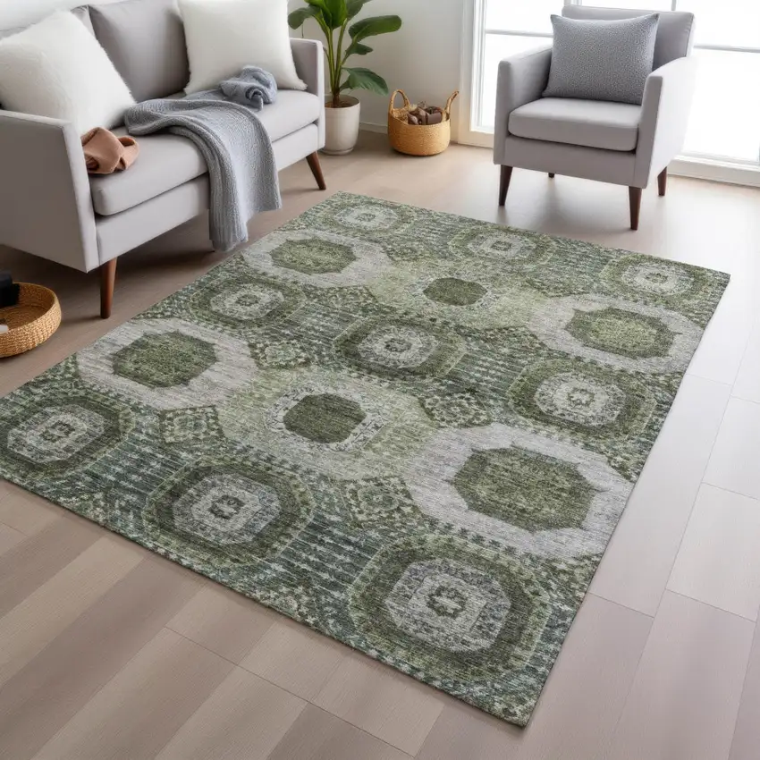 Olive Green And Ivory Medallion Washable Indoor Outdoor Area Rug Photo 6