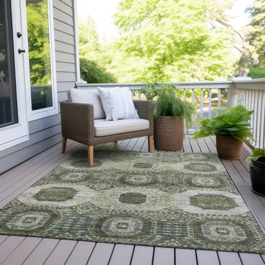 Olive Green And Ivory Medallion Washable Indoor Outdoor Area Rug Photo 8