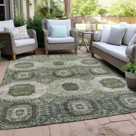 Olive Green And Ivory Medallion Washable Indoor Outdoor Area Rug Photo 5