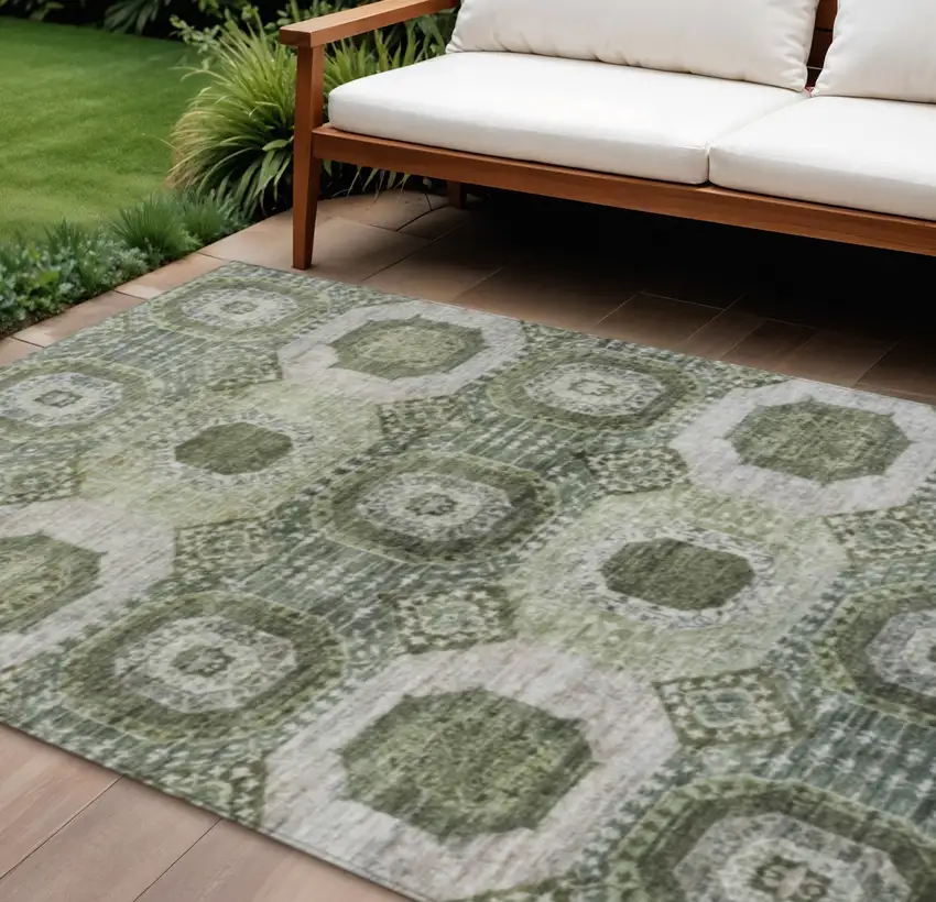 Olive Green And Ivory Medallion Washable Indoor Outdoor Area Rug Photo 2