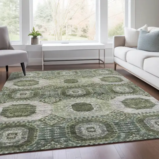 Olive Green And Ivory Medallion Washable Indoor Outdoor Area Rug Photo 7