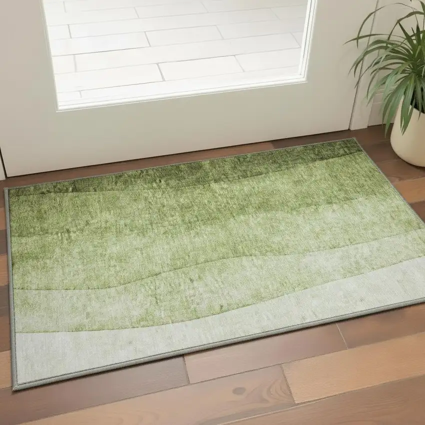 Olive Green And Ivory Ombre Washable Area Rug With UV Protection Photo 2
