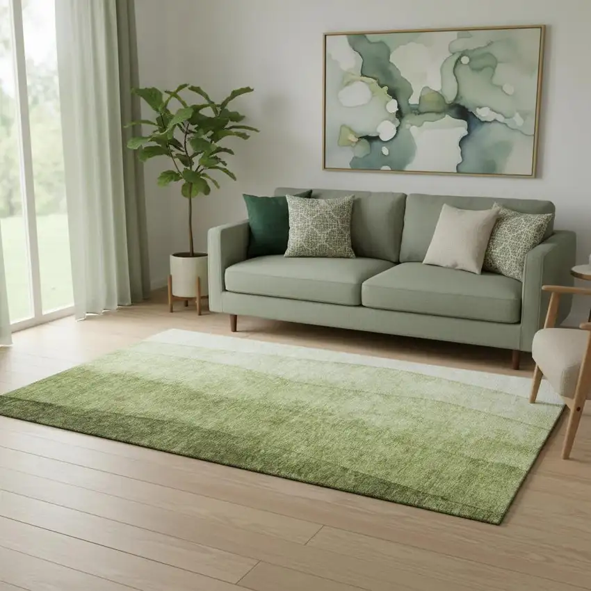 Olive Green And Ivory Ombre Washable Area Rug With UV Protection Photo 1