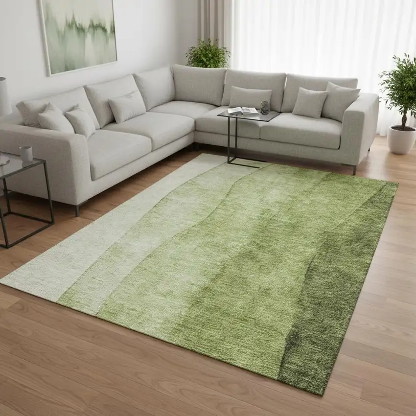 Olive Green And Ivory Ombre Washable Area Rug With UV Protection Photo 2