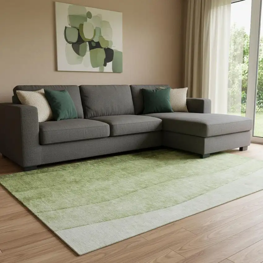 Olive Green And Ivory Ombre Washable Area Rug With UV Protection Photo 1