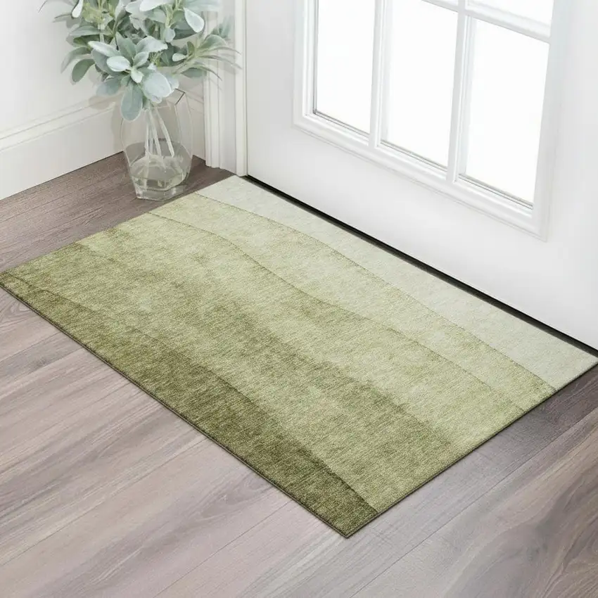 Olive Green And Ivory Ombre Washable Area Rug With UV Protection Photo 1