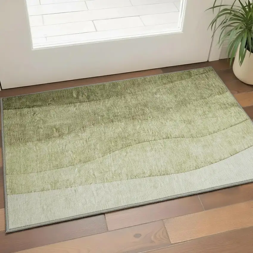 Olive Green And Ivory Ombre Washable Area Rug With UV Protection Photo 2