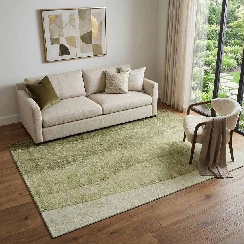 Olive Green And Ivory Ombre Washable Area Rug With UV Protection Photo 1