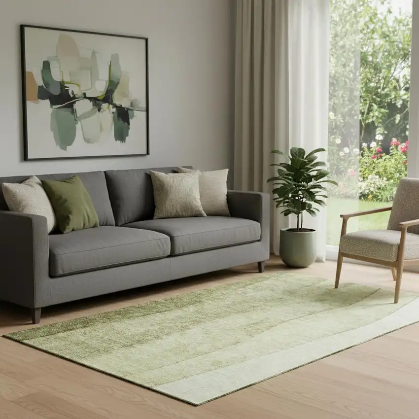 Olive Green And Ivory Ombre Washable Area Rug With UV Protection Photo 1