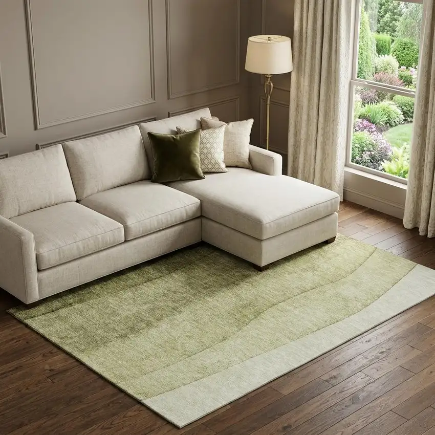 Olive Green And Ivory Ombre Washable Area Rug With UV Protection Photo 1