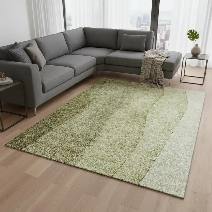 Olive Green And Ivory Ombre Washable Area Rug With UV Protection Photo 1