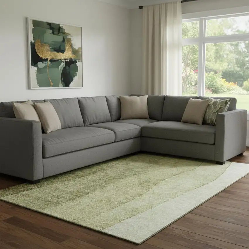 Olive Green And Ivory Ombre Washable Area Rug With UV Protection Photo 1