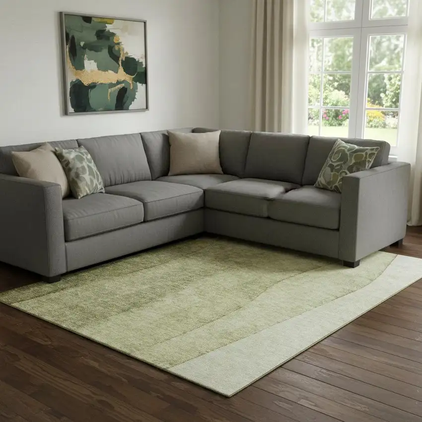 Olive Green And Ivory Ombre Washable Area Rug With UV Protection Photo 1