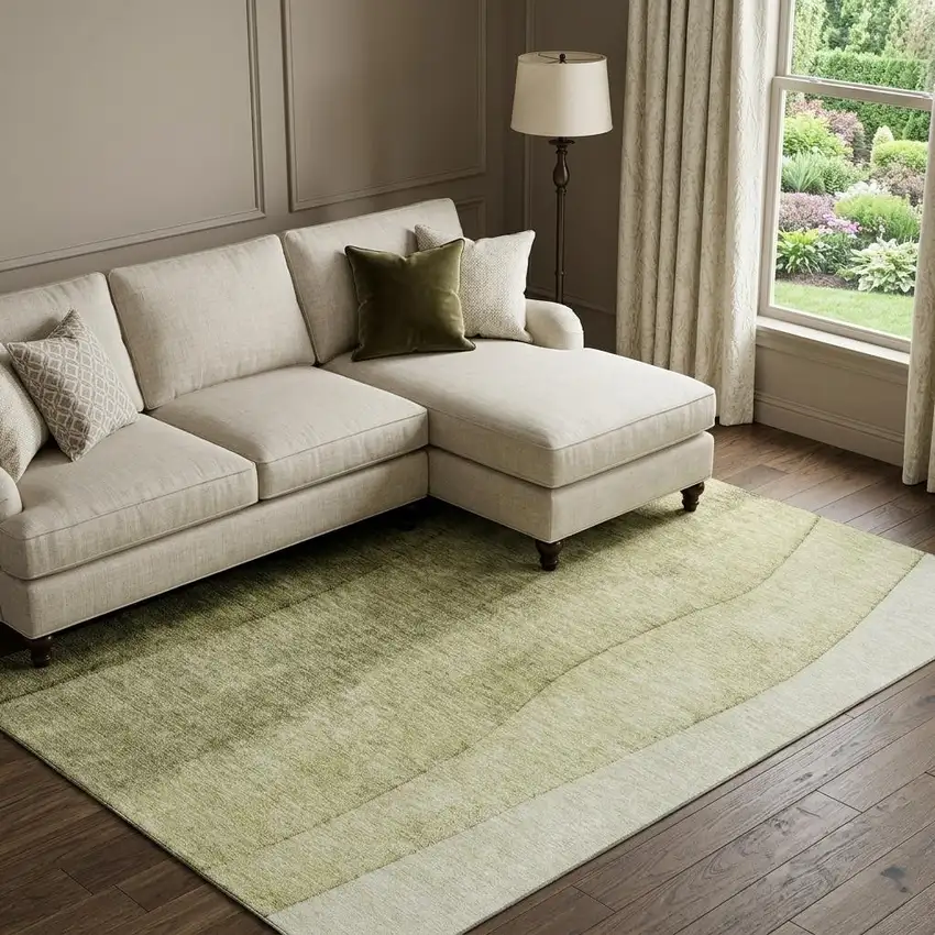 Olive Green And Ivory Ombre Washable Area Rug With UV Protection Photo 1