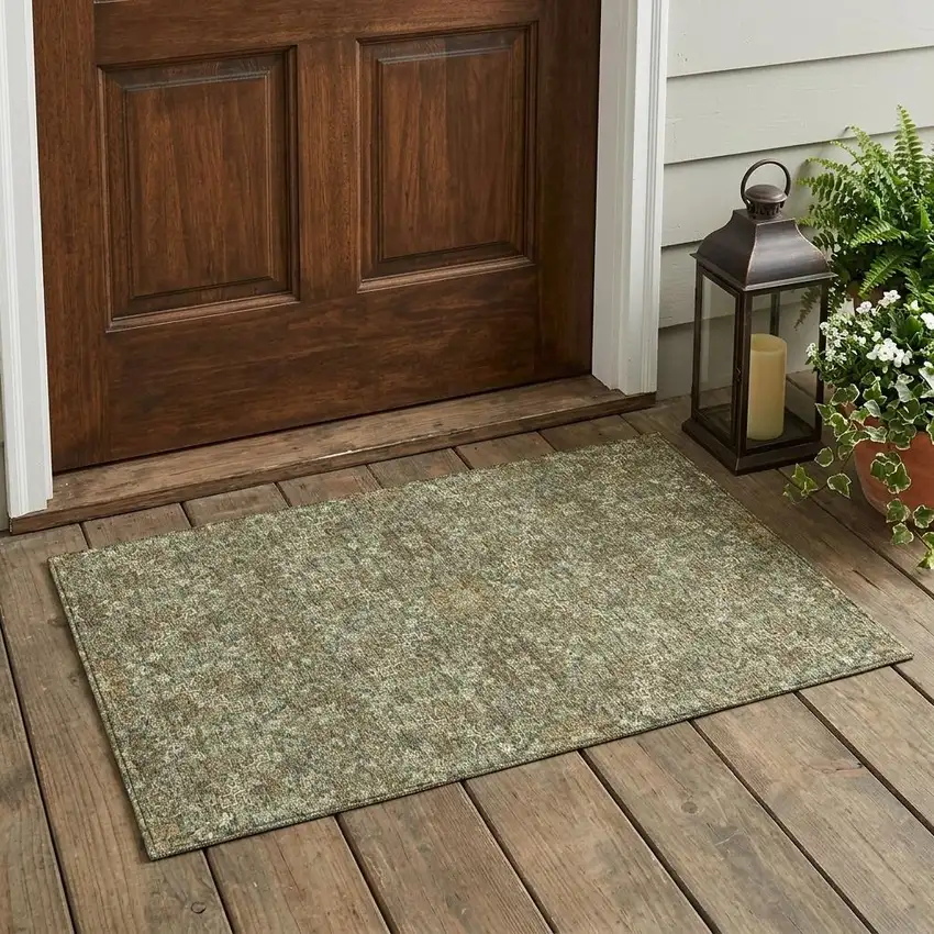 Olive Green And Ivory Oriental Washable Indoor Outdoor Area Rug Photo 1