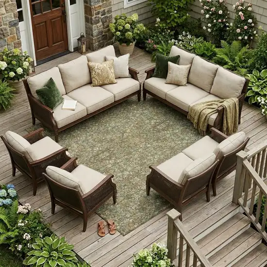 Olive Green And Ivory Oriental Washable Indoor Outdoor Area Rug Photo 1