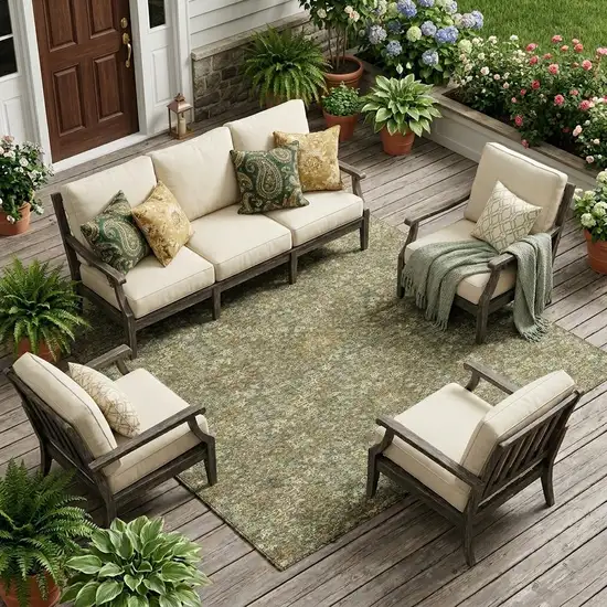Olive Green And Ivory Oriental Washable Indoor Outdoor Area Rug Photo 1