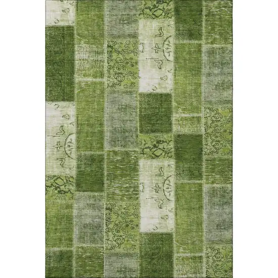 Olive Green And Ivory Patchwork Washable Area Rug With UV Protection Photo 3