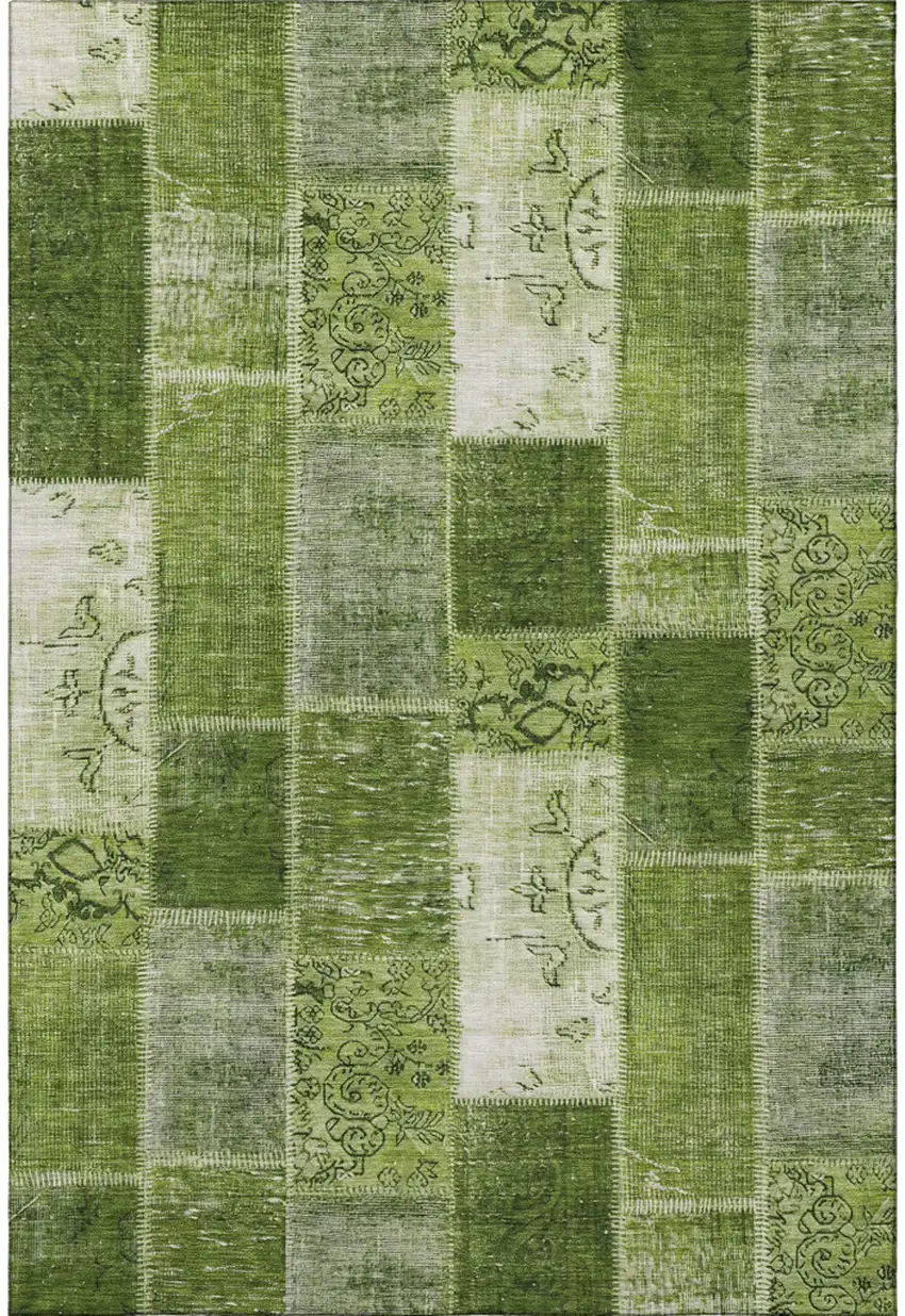 Olive Green And Ivory Patchwork Washable Area Rug With UV Protection Photo 3