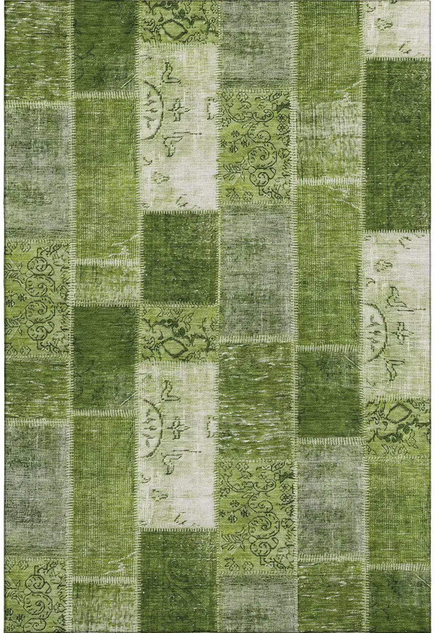 Olive Green And Ivory Patchwork Washable Area Rug With UV Protection Photo 1