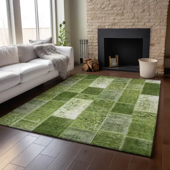 Olive Green And Ivory Patchwork Washable Area Rug With UV Protection Photo 5