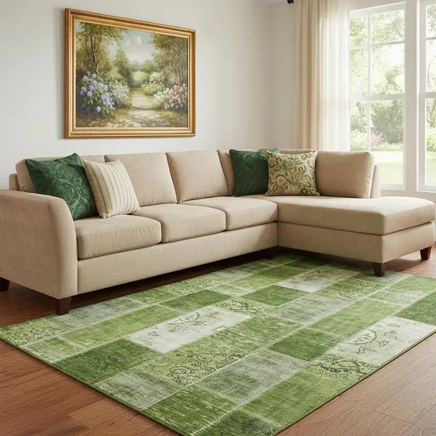 Olive Green And Ivory Patchwork Washable Area Rug With UV Protection Photo 1