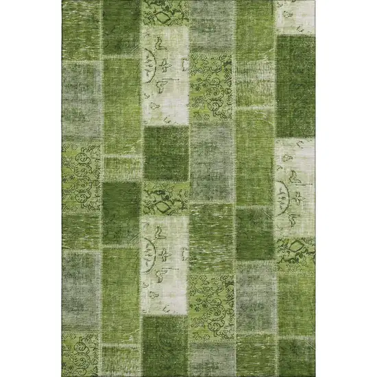 Olive Green And Ivory Patchwork Washable Area Rug With UV Protection Photo 1