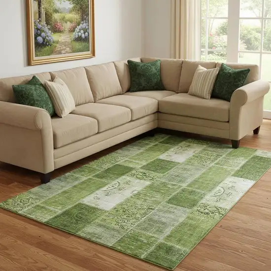 Olive Green And Ivory Patchwork Washable Area Rug With UV Protection Photo 1