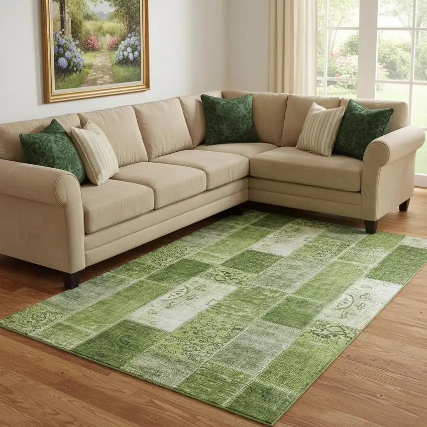 Olive Green And Ivory Patchwork Washable Area Rug With UV Protection Photo 1