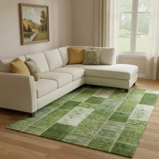 Olive Green And Ivory Patchwork Washable Area Rug With UV Protection Photo 1
